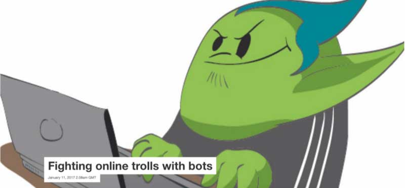 An animated troll typing on a laptop