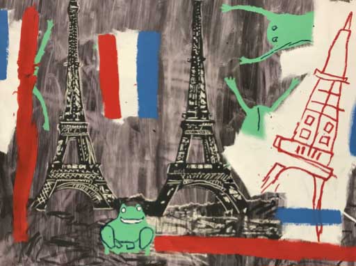a graphic showing the Eiffel Tower, French flag and frogs
